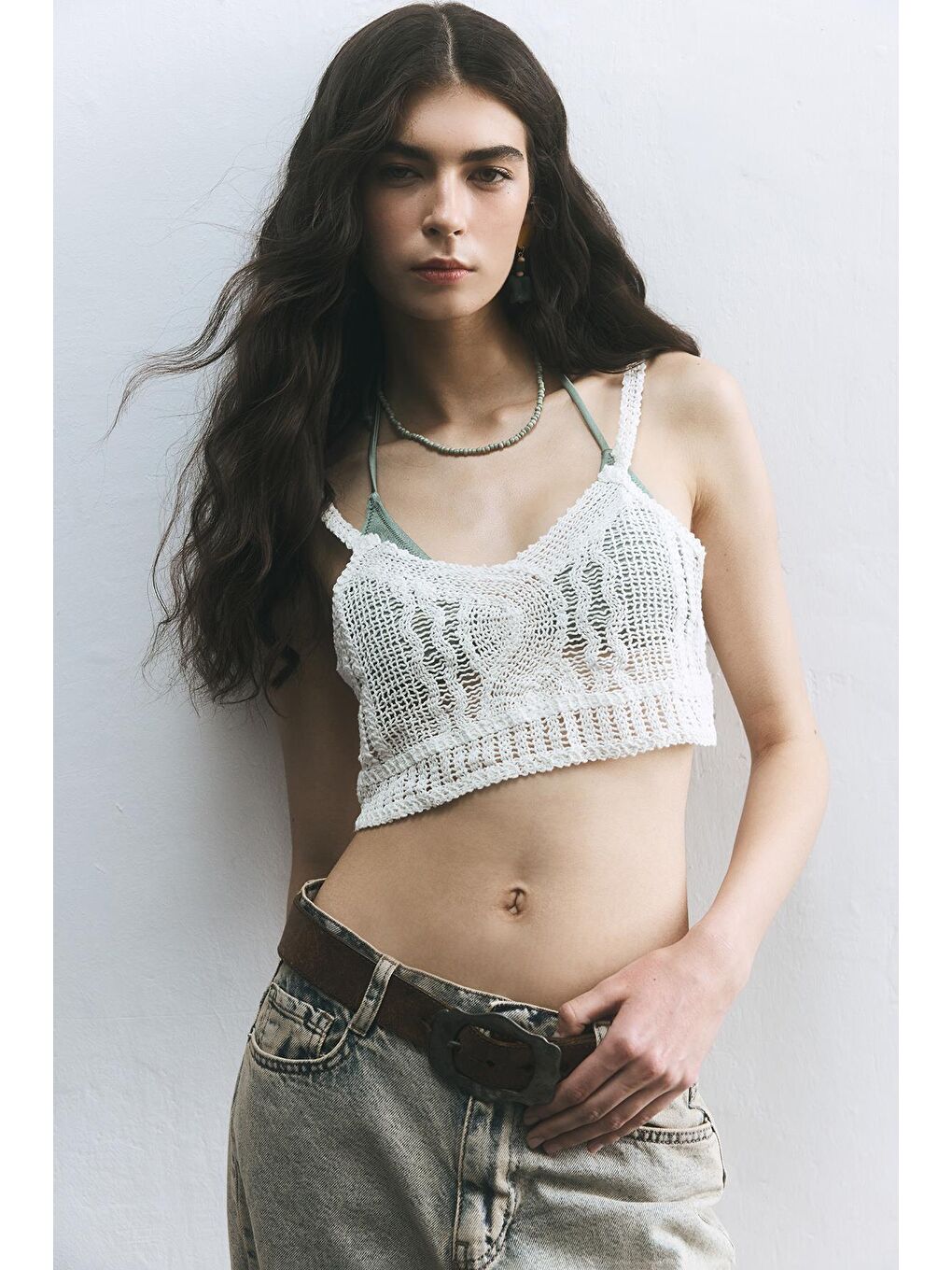 Ekru Bağcıklı Crop Top