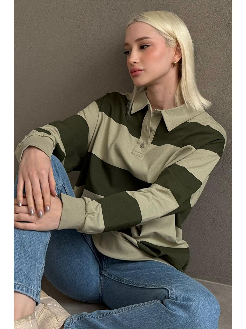 Mint Yeşili Çizgili Düğmeli Polo Yaka Kadın Uzun Kollu Tişört  Mg2586-5