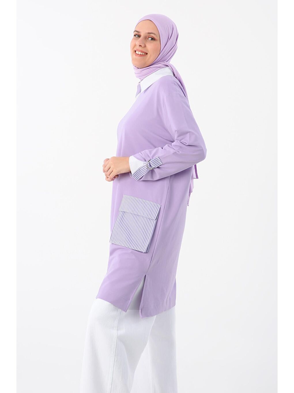 Lila Kolları Apoletli Çizgili Cepli Tunik-4