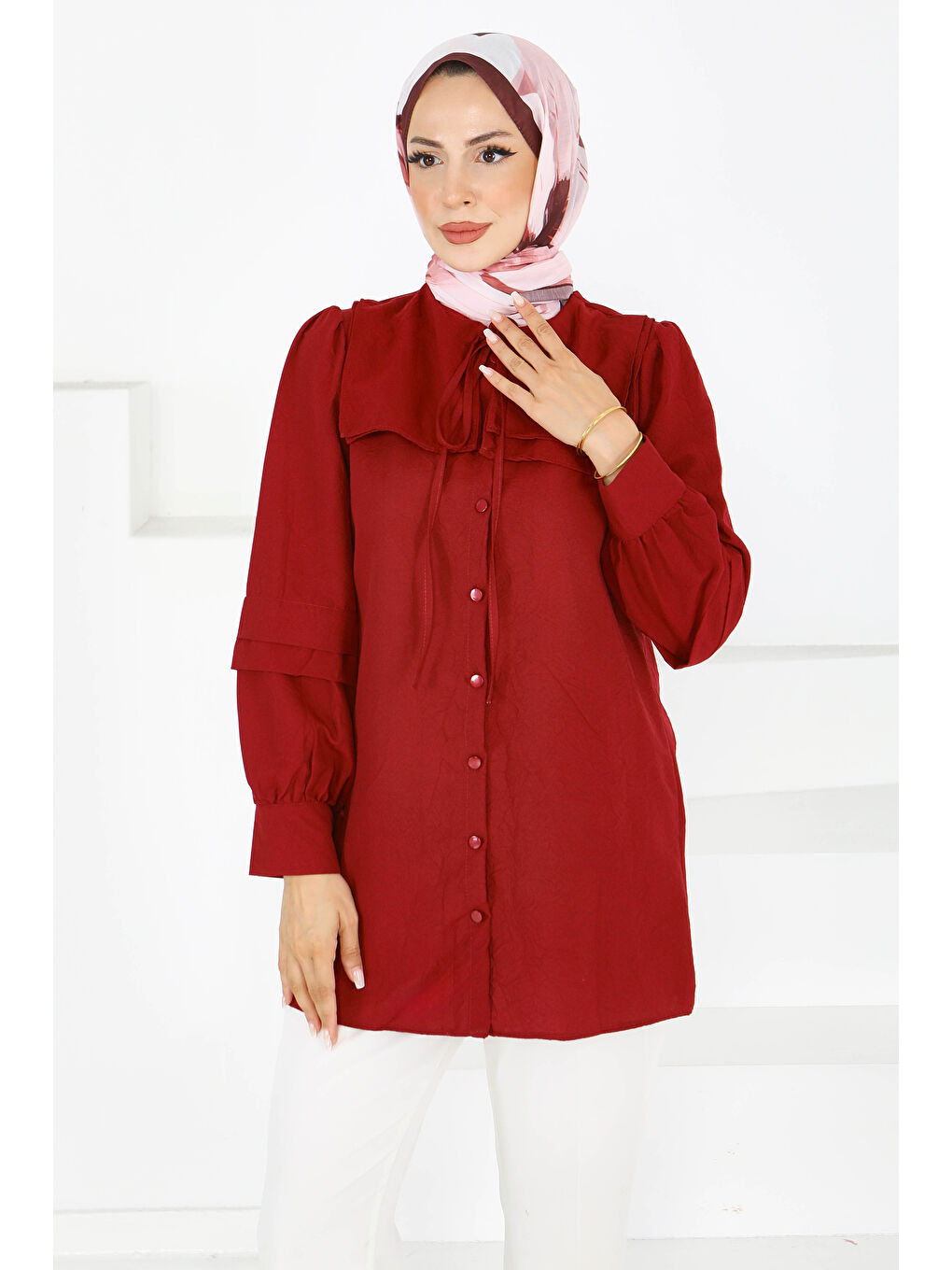 Kare Yaka Detaylı Dokuma Tunik Bordo - 27607-1