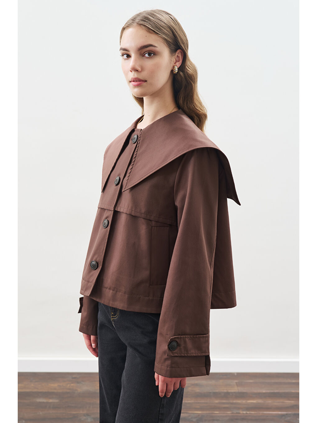 Kahverengi Geniş Yaka Gabardin Ceket Çikolata-2