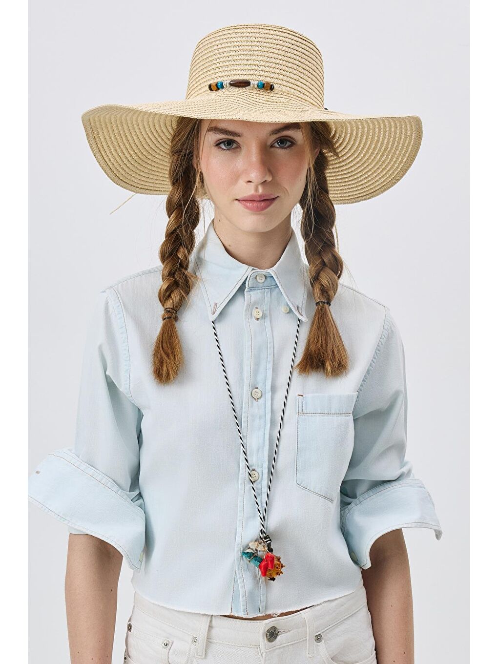 Geniş Kenar Hasır Plaj Şapkası Y25730-03 Bej