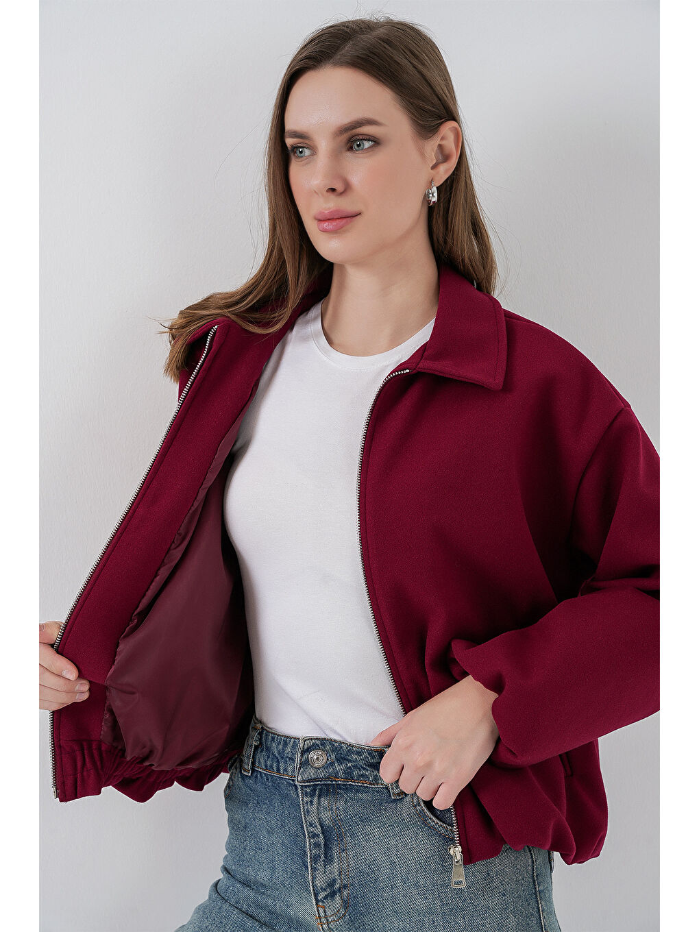 Kadın Büzgülü Oversize Kaşe Ceket 0728 - Bordo-3