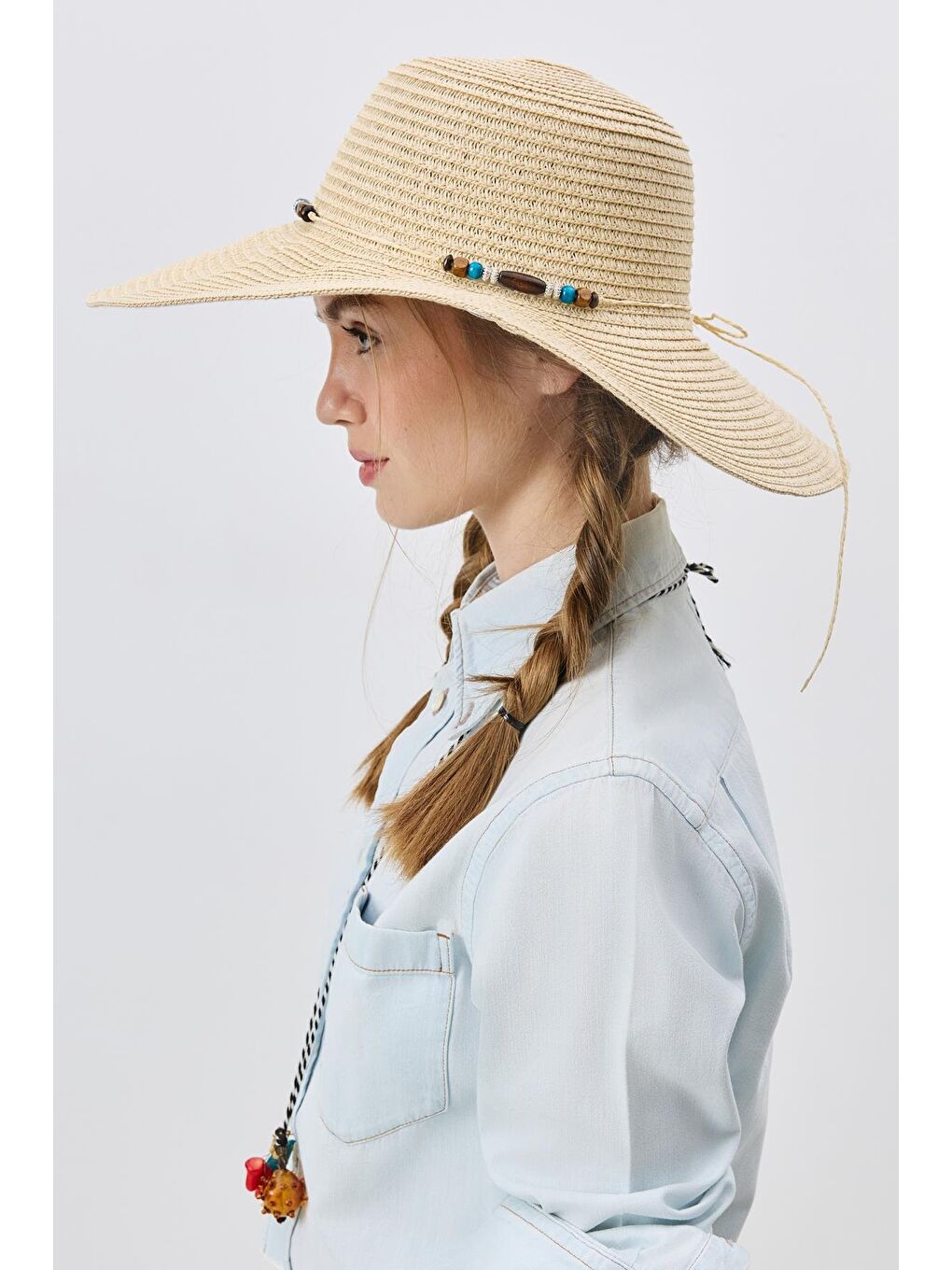 Geniş Kenar Hasır Plaj Şapkası Y25730-03 Bej-1