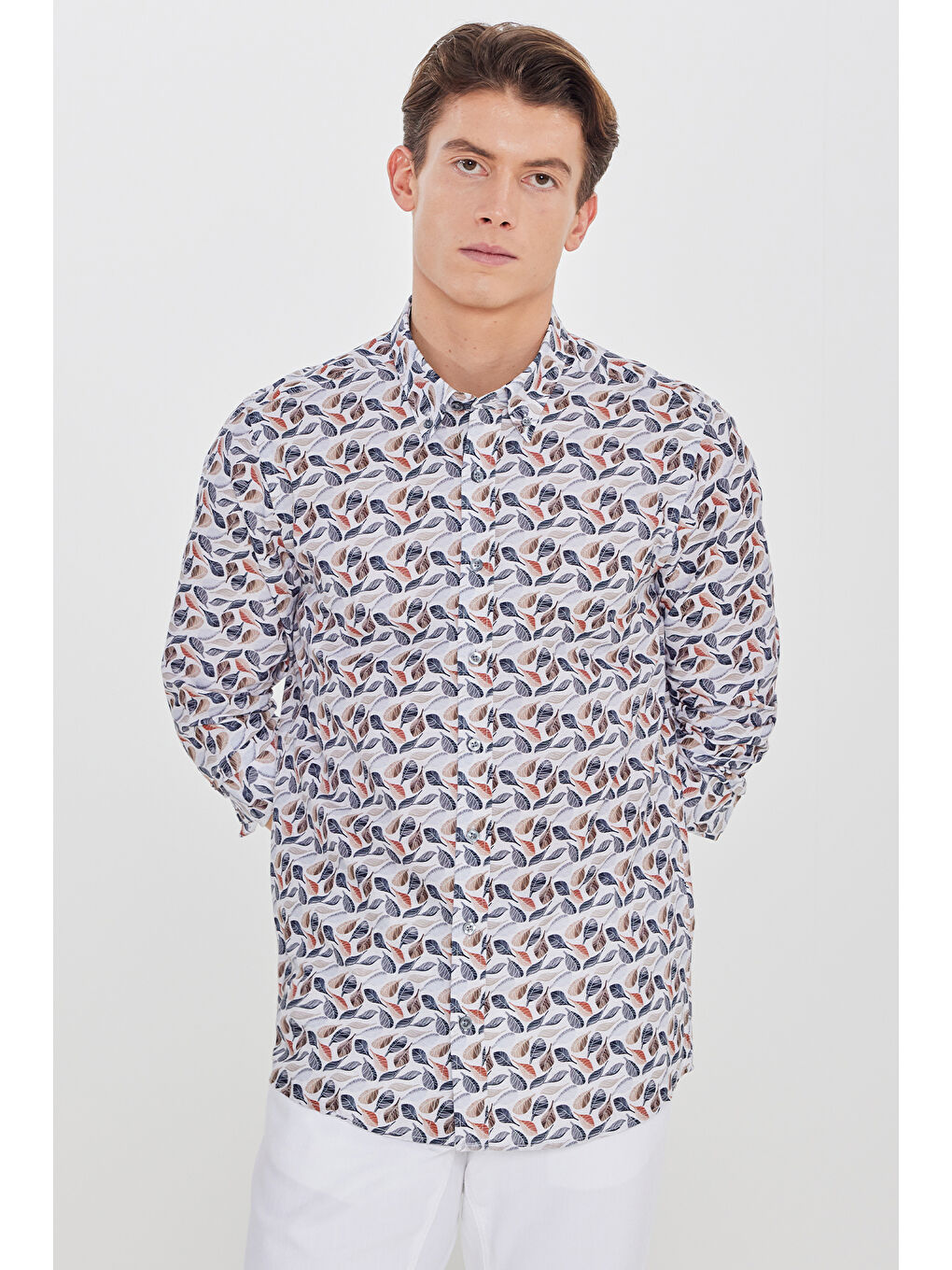 Erkek Bej-Lacivert %100 Pamuk Slim Fit Dar Kesim Düğmeli Yaka Baskılı Gömlek