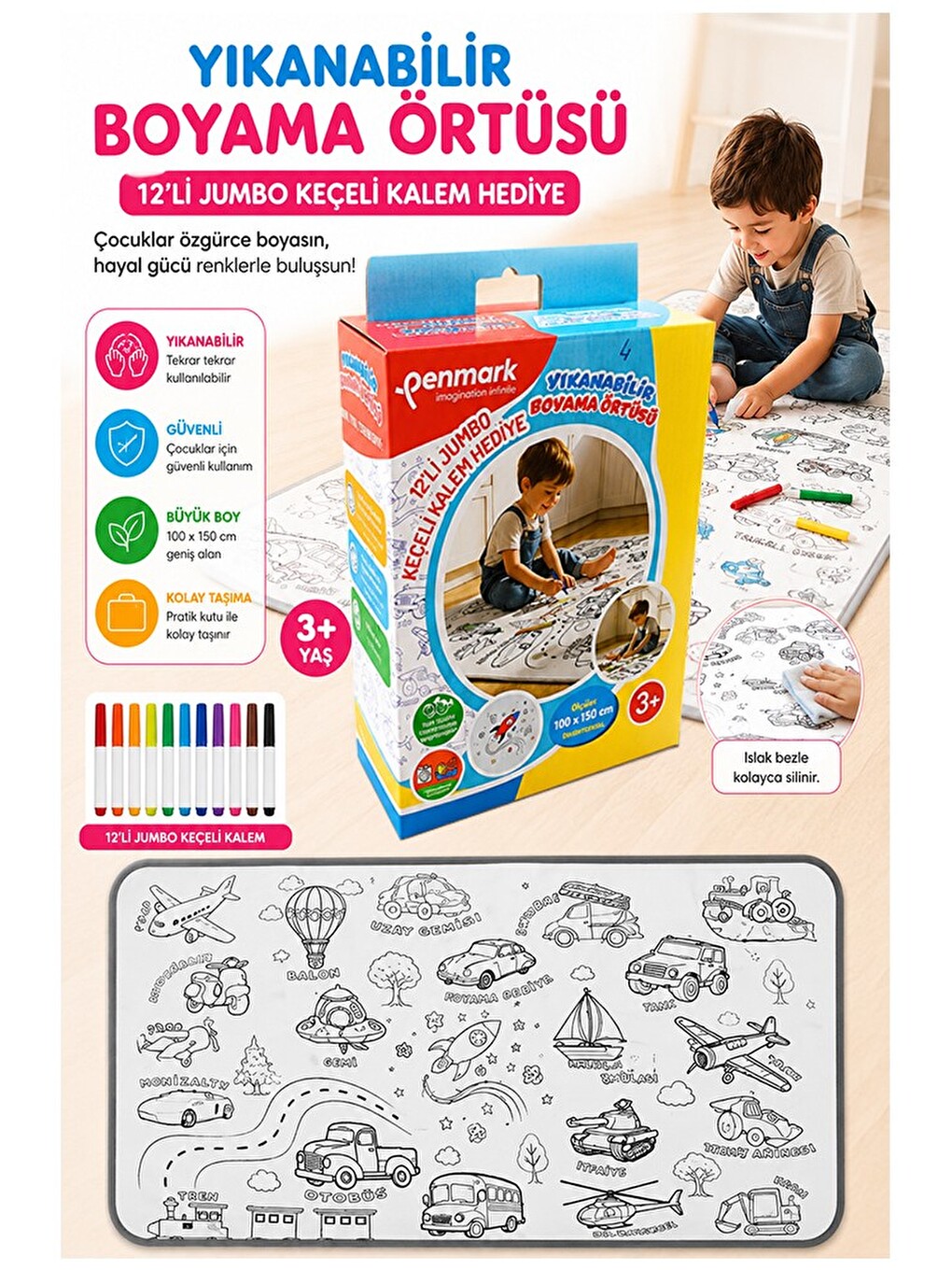 Boyama Örtüsü Yıkanabilir 100x15 Cm 1 Paket 12 Renk Jumbo Keçeli Kalem Sevinli Hayvanlar Boy