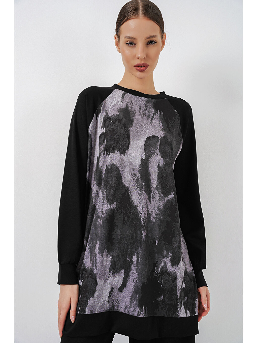 Kadın Desenli Oversize Tunik Pantolon İkili Takım 55462 - Siyah-1