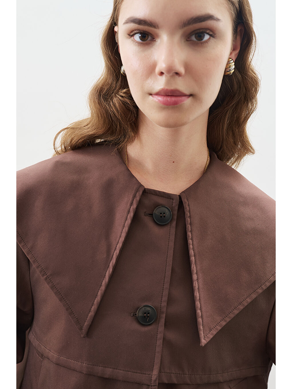 Kahverengi Geniş Yaka Gabardin Ceket Çikolata-3