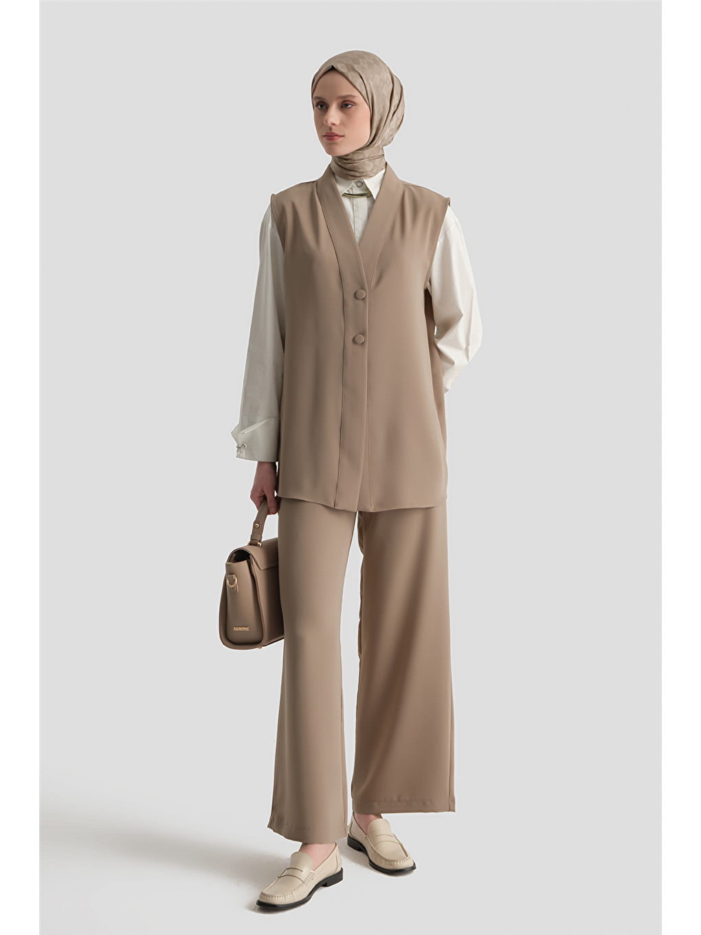 Bej Düğmeli Oversize Yelek Vizon-1