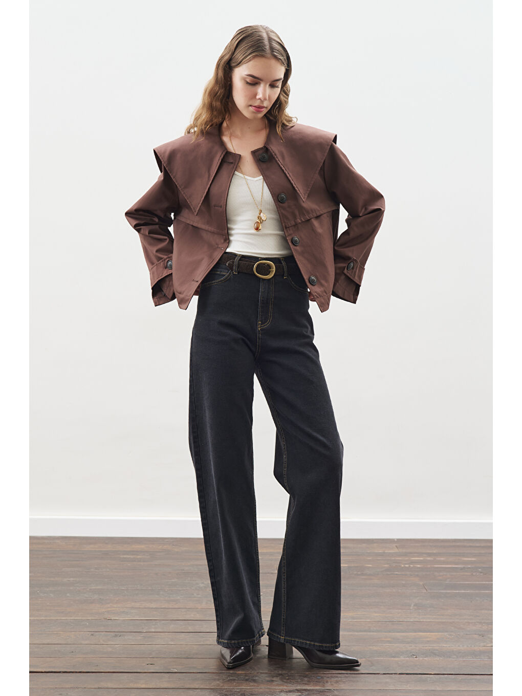 Kahverengi Geniş Yaka Gabardin Ceket Çikolata-4