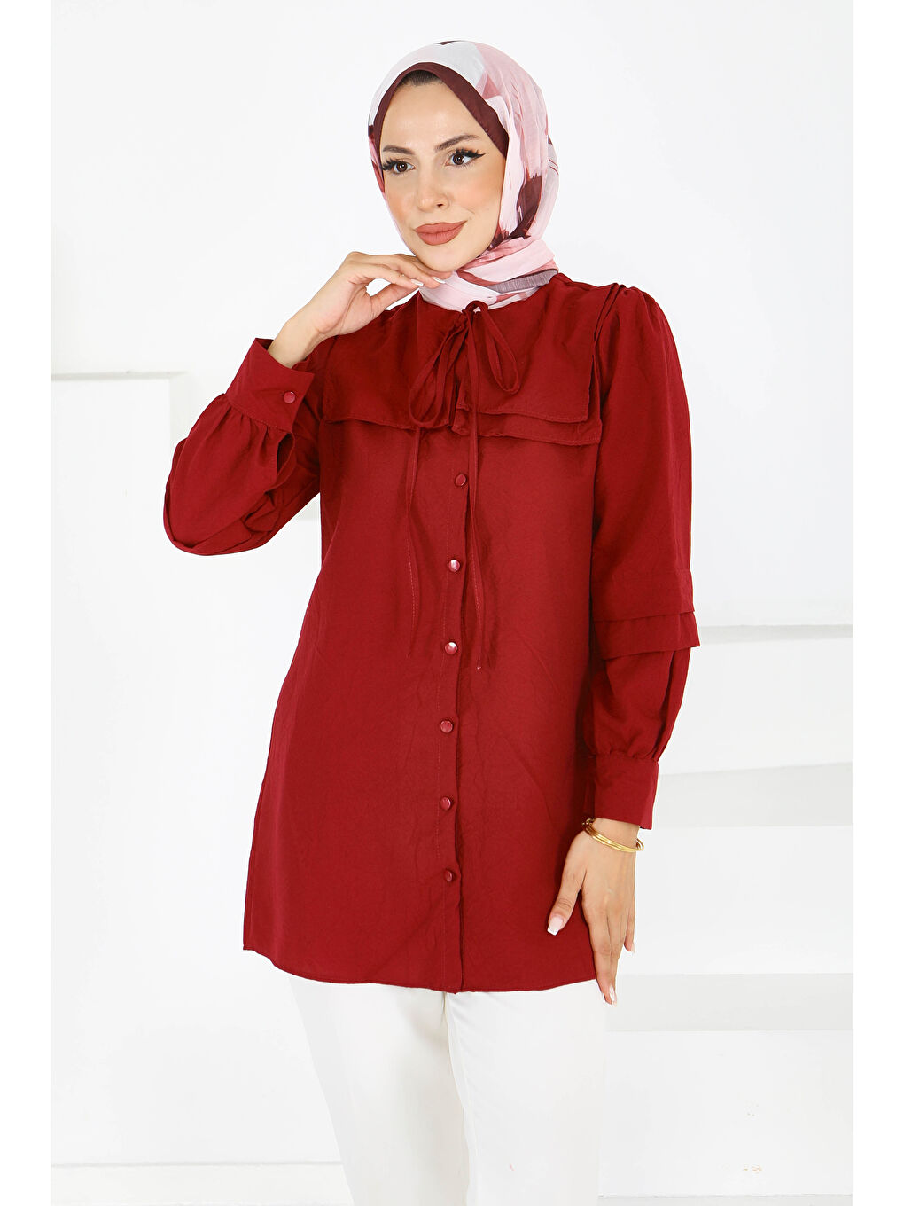 Kare Yaka Detaylı Dokuma Tunik Bordo - 27607-2