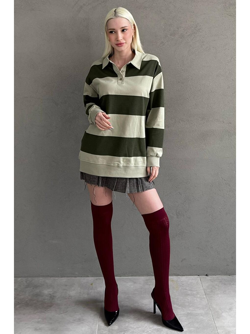 Mint Yeşili Çizgili Düğmeli Polo Yaka Kadın Uzun Kollu Tişört  Mg2586-8