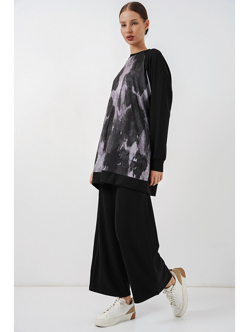 Kadın Desenli Oversize Tunik Pantolon İkili Takım 55462 - Siyah-2
