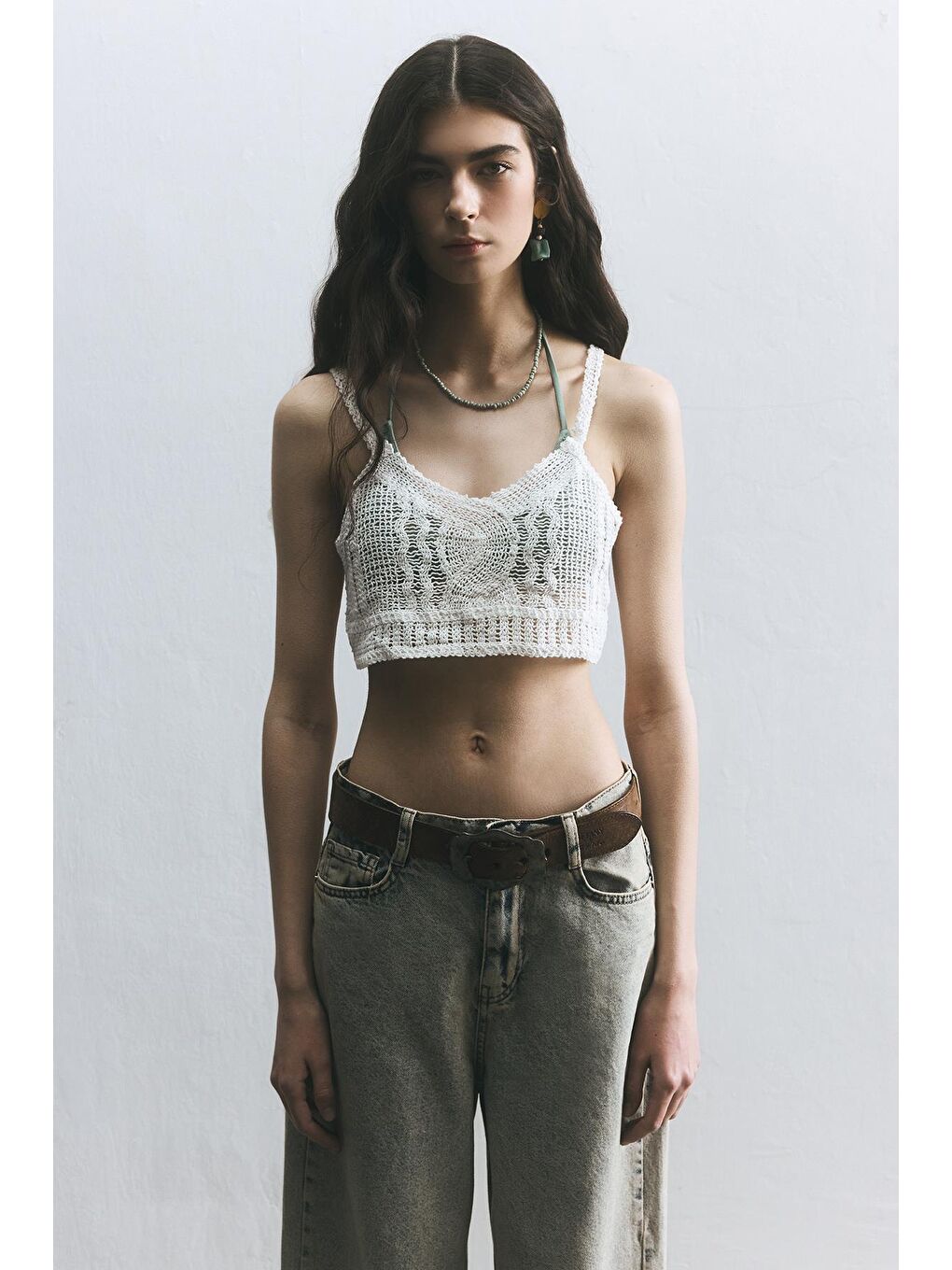 Ekru Bağcıklı Crop Top-1