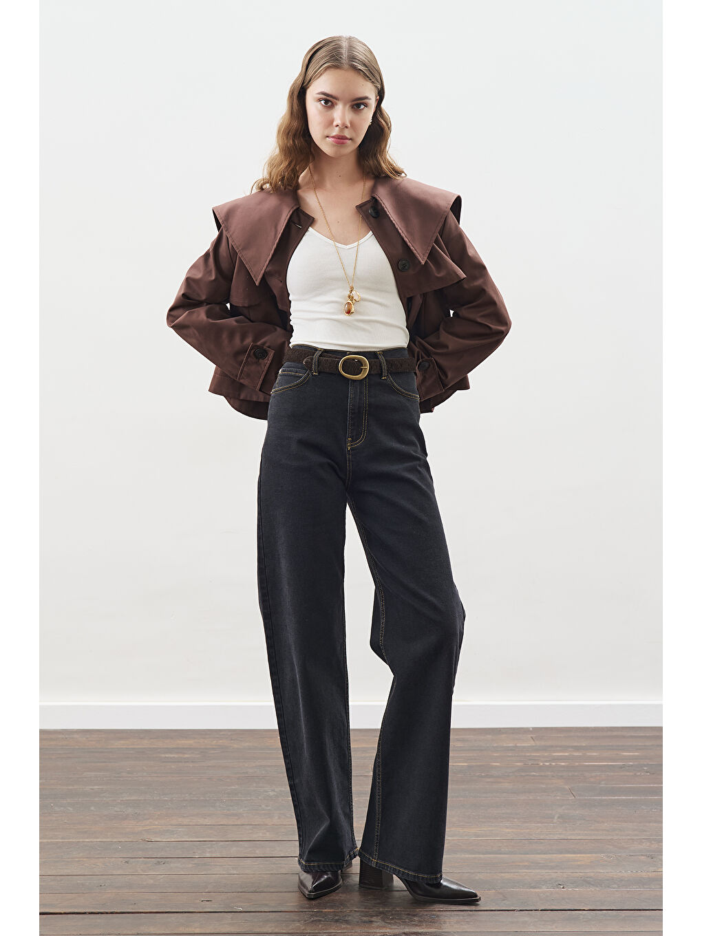 Kahverengi Geniş Yaka Gabardin Ceket Çikolata-5