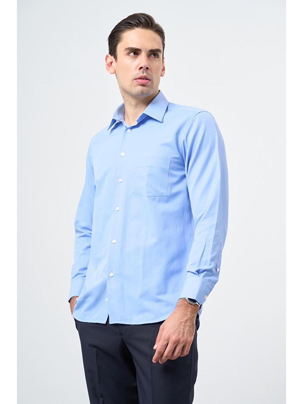 Mavi Uzun Kol Düz Sert Yaka Pamuklu Classic Comfort Fit Gömlek 1004245269