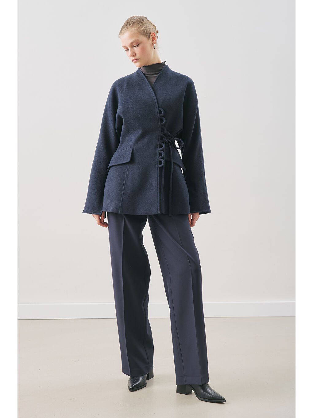 Aroa Bağlamalı Kaşe Ceket Lacivert-1