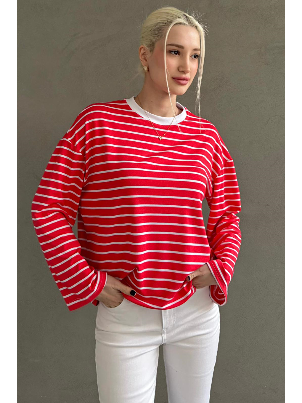 Kırmızı Bisiklet Yaka Çizgili Uzun Kollu Tişört Mg2362-2
