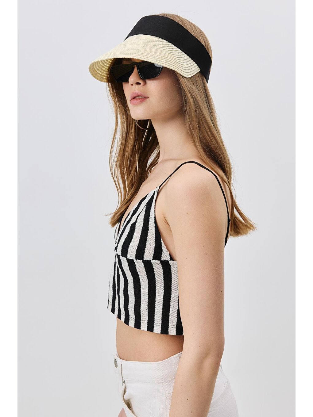 Ekru Cırtlı Vizör Hasır Plaj Şapkası Y8202 Krem-1