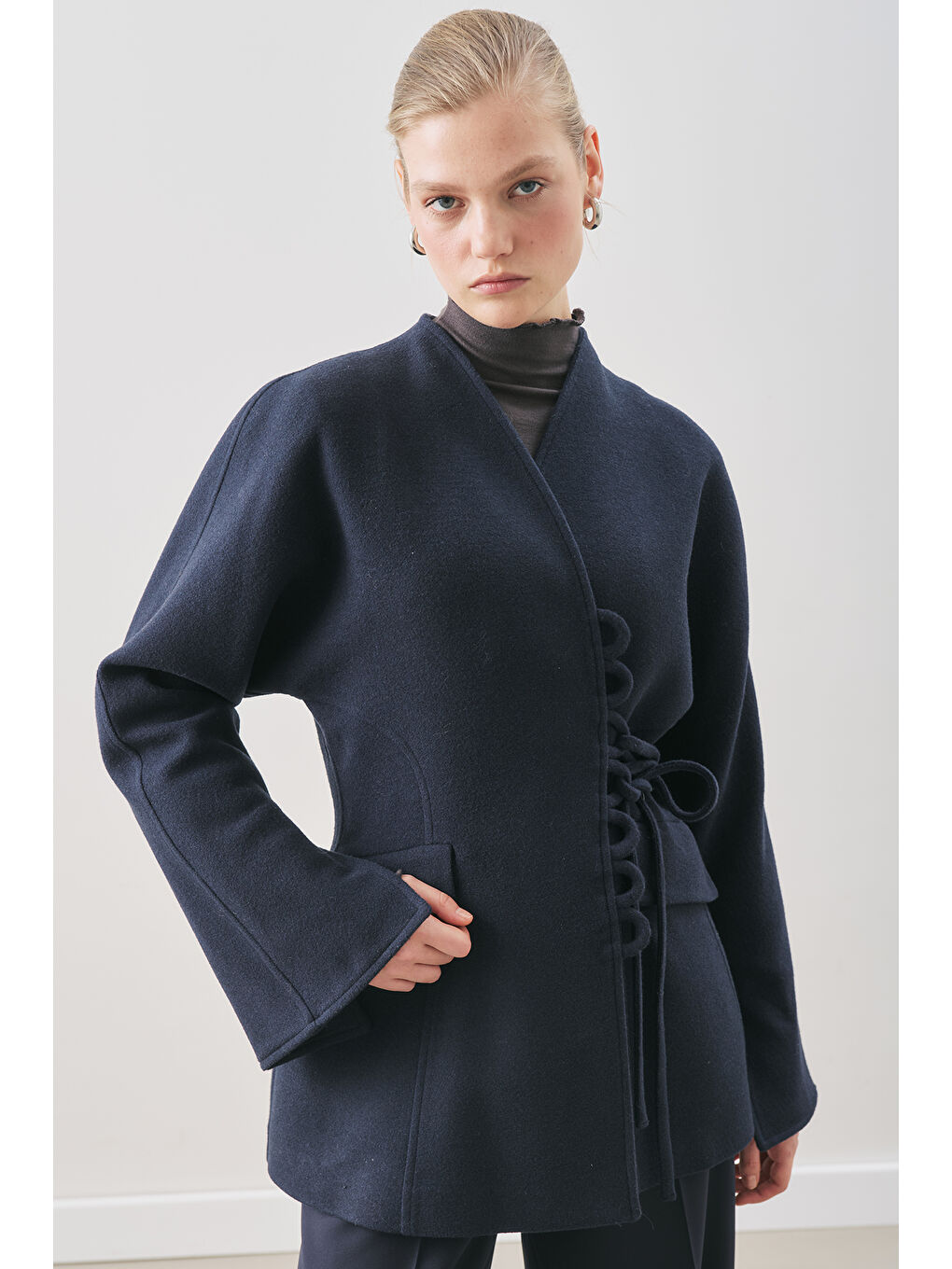 Aroa Bağlamalı Kaşe Ceket Lacivert-2