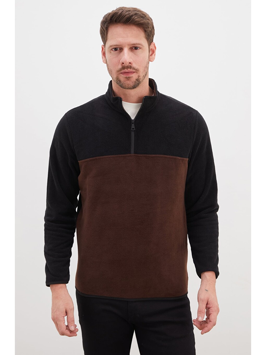 Kahverengi Yarım Fermuarlı Regular Fit Polar Sweatshirt-1