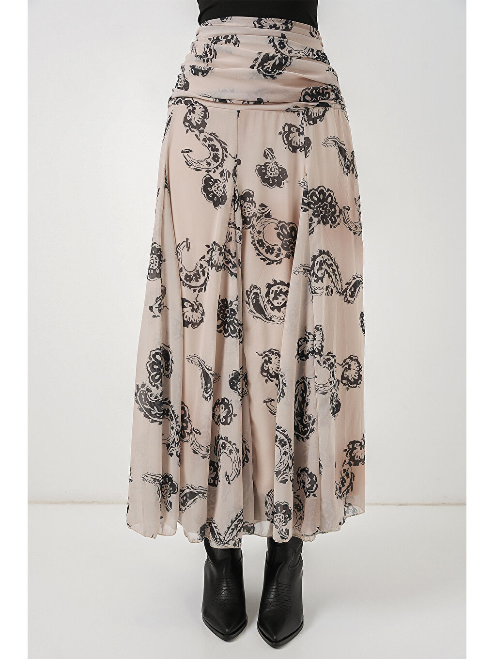 Ekru Kadın Desenli Şifon Etek 8057 - Krem-1