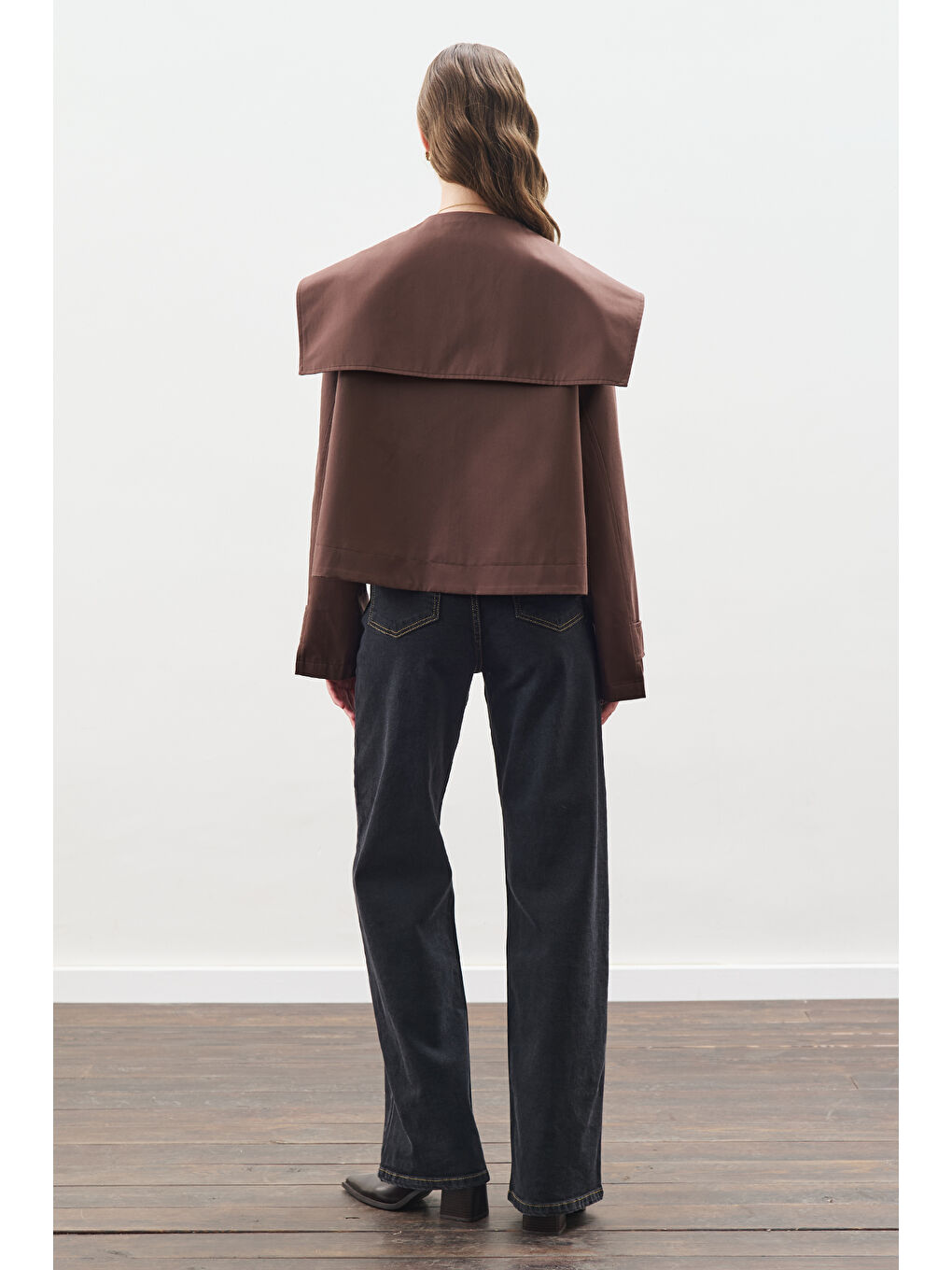 Kahverengi Geniş Yaka Gabardin Ceket Çikolata-6