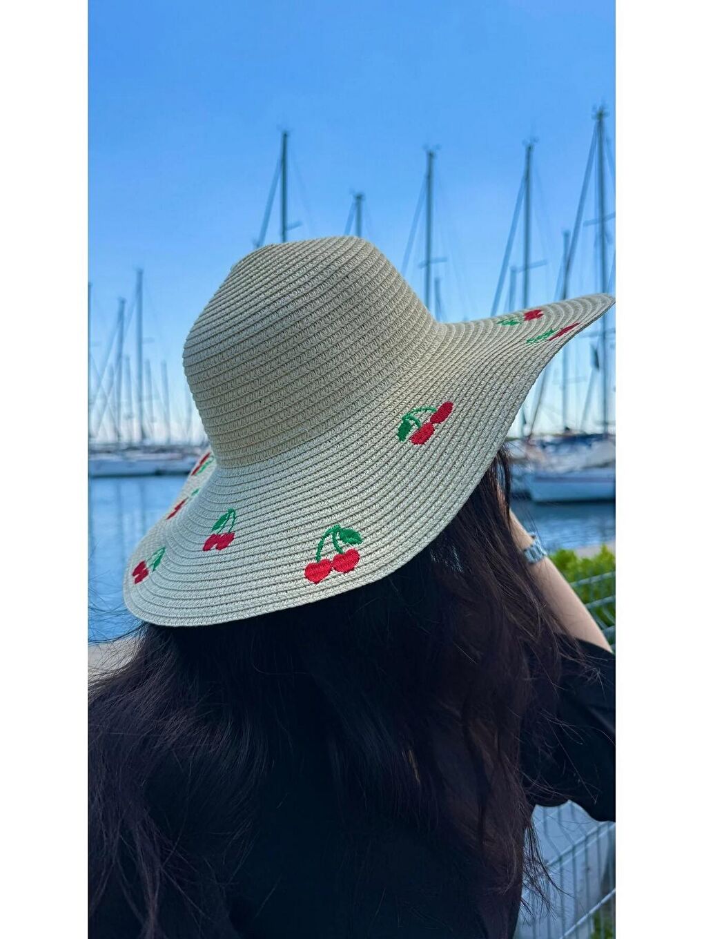 Bej Kiraz Nakışlı Geniş Kenarlı Kadın Yazlık Şapka HSR2115-3
