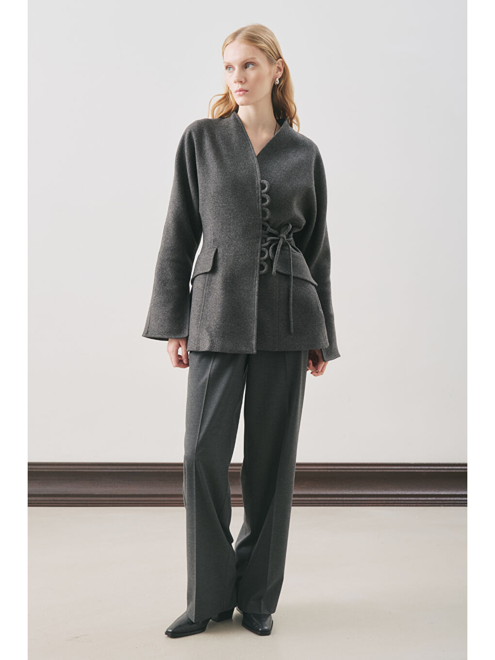 Aroa Bağlamalı Kaşe Ceket Antrasit-2