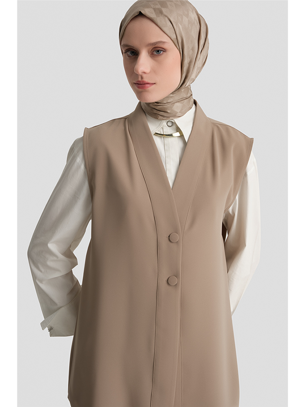 Bej Düğmeli Oversize Yelek Vizon-2