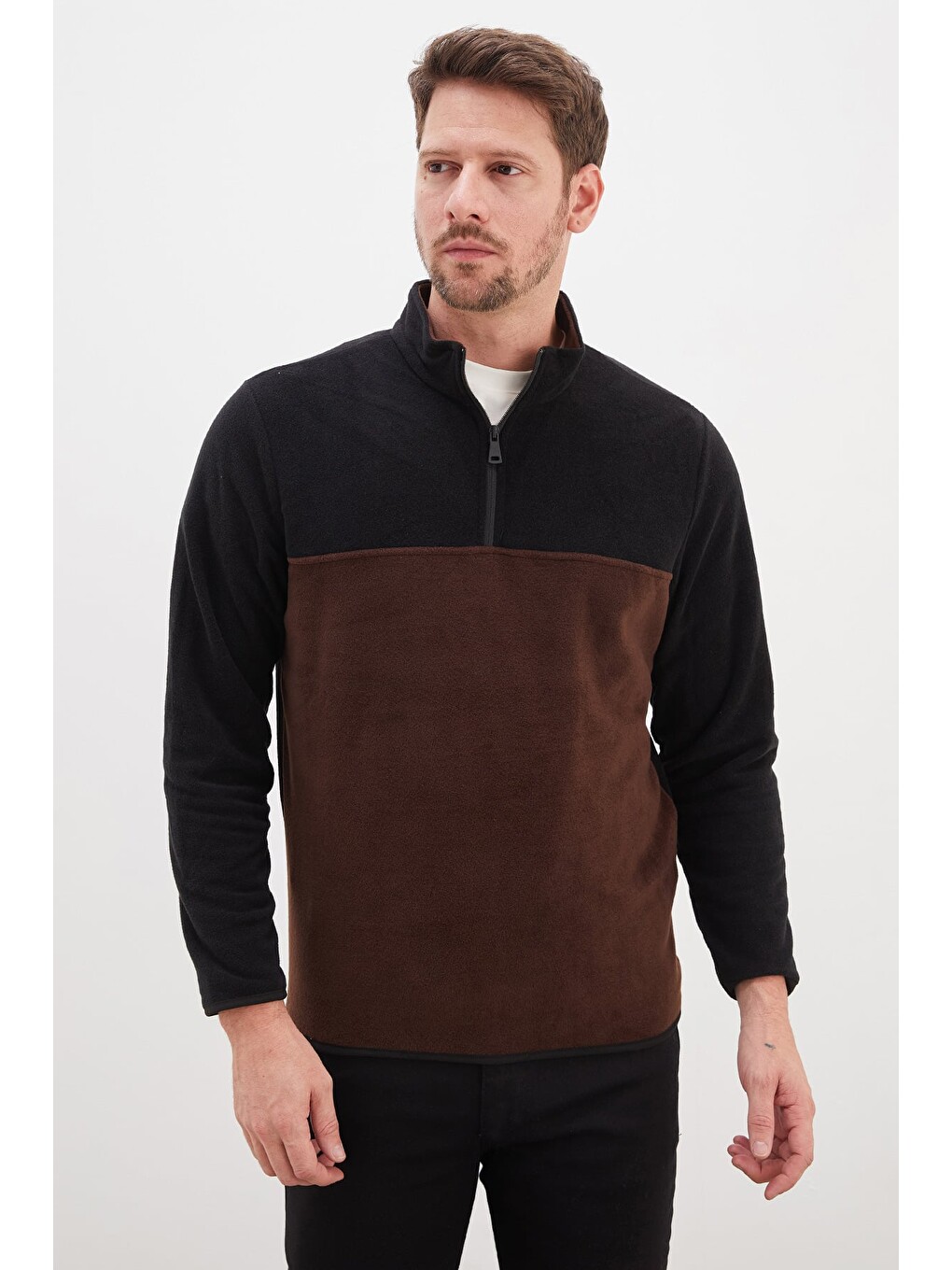 Kahverengi Yarım Fermuarlı Regular Fit Polar Sweatshirt-2
