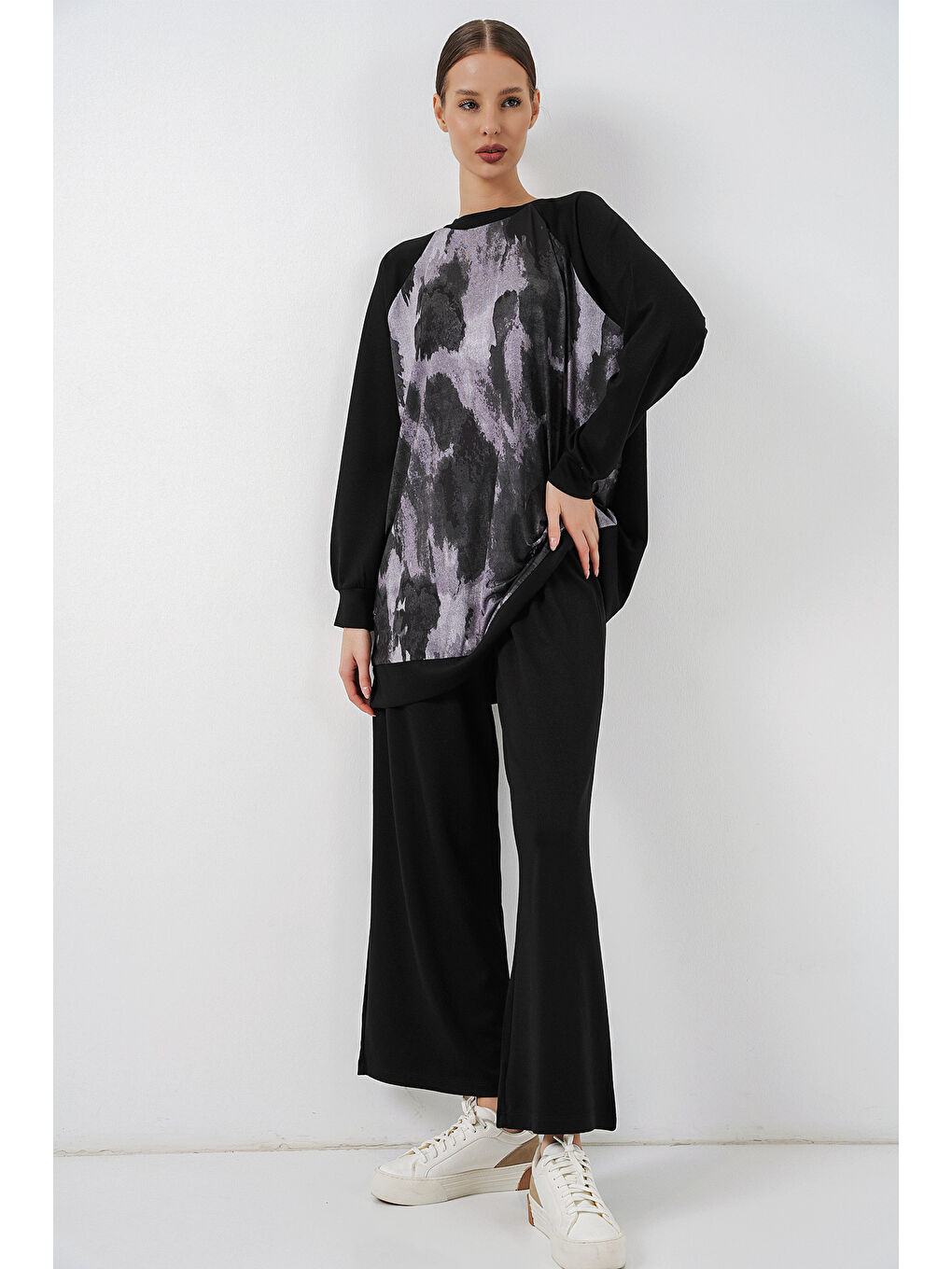 Kadın Desenli Oversize Tunik Pantolon İkili Takım 55462 - Siyah-3