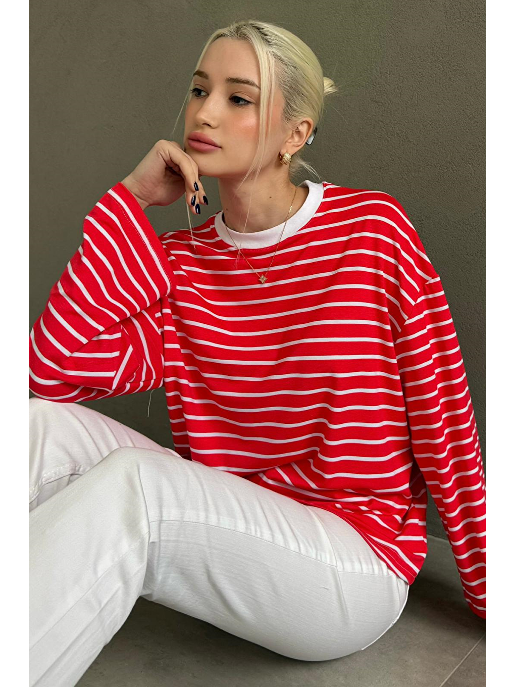 Kırmızı Bisiklet Yaka Çizgili Uzun Kollu Tişört Mg2362-3