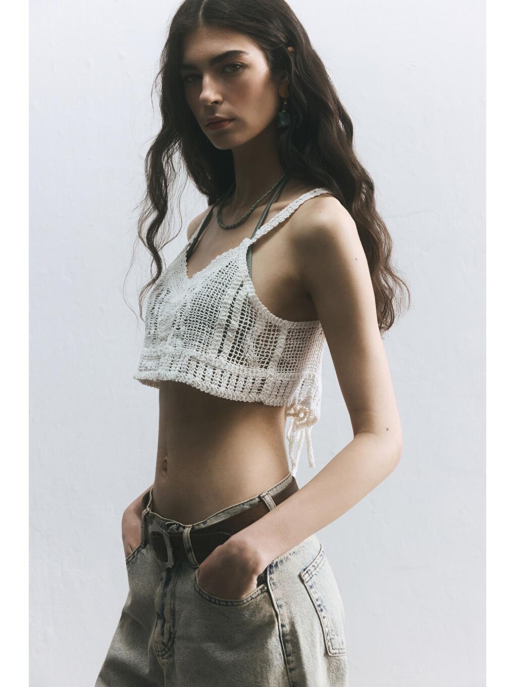 Ekru Bağcıklı Crop Top-2