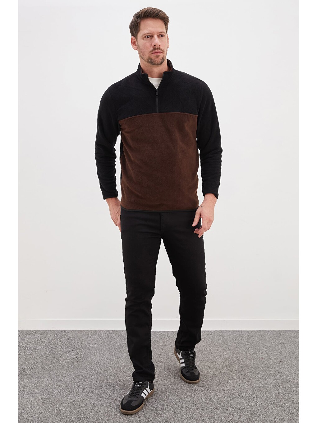 Kahverengi Yarım Fermuarlı Regular Fit Polar Sweatshirt-4