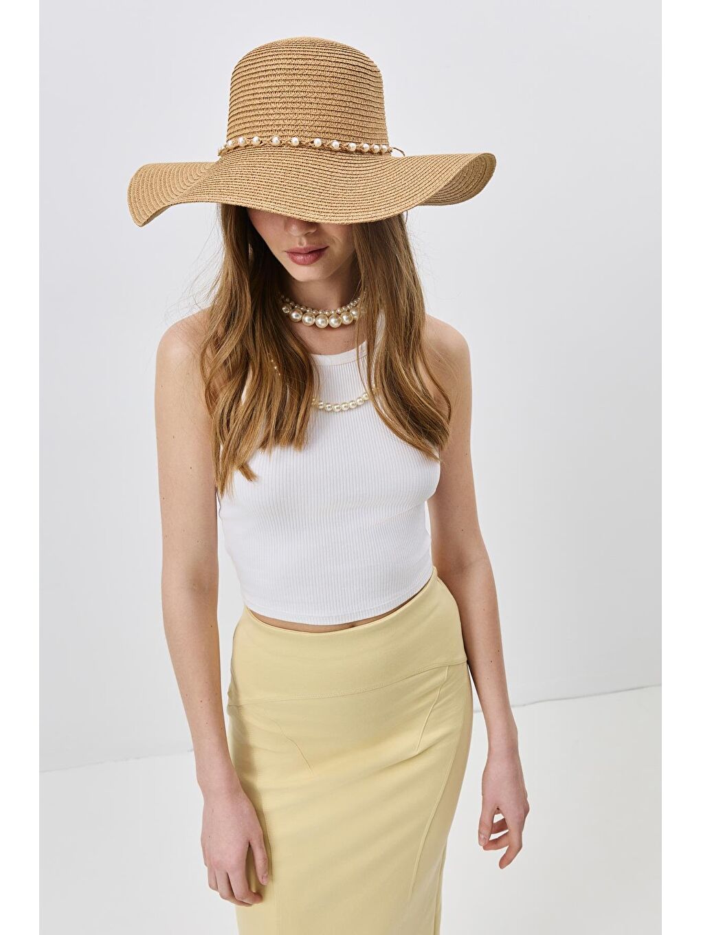 Bej Geniş Kenar Hasır Plaj Şapkası Y25730-05 Vizon-1