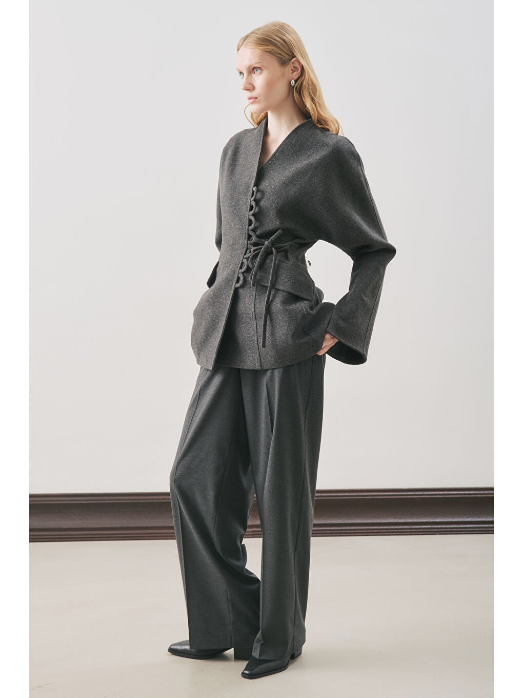 Aroa Bağlamalı Kaşe Ceket Antrasit-3