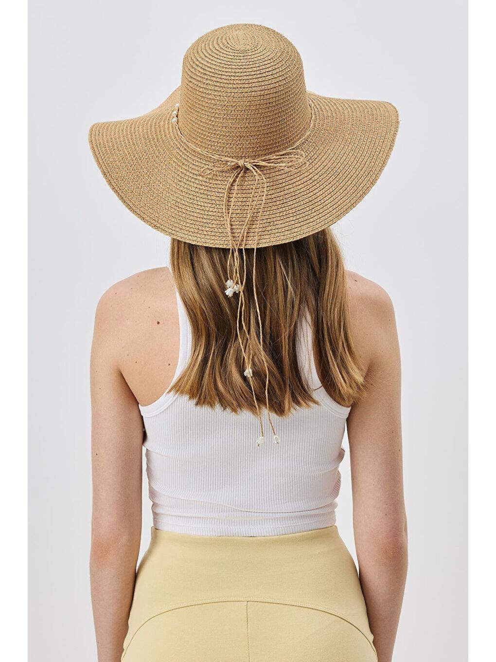 Bej Geniş Kenar Hasır Plaj Şapkası Y25730-05 Vizon-3