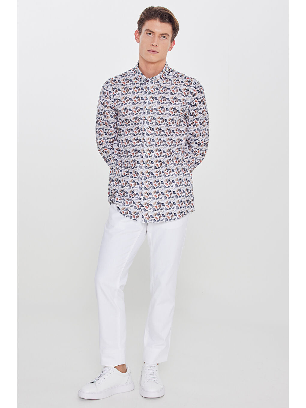 Erkek Bej-Lacivert %100 Pamuk Slim Fit Dar Kesim Düğmeli Yaka Baskılı Gömlek-1