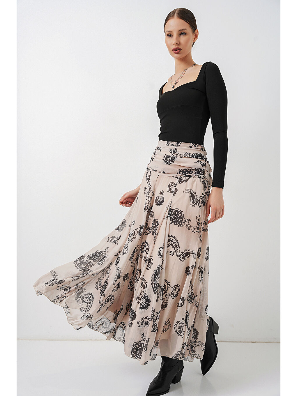 Ekru Kadın Desenli Şifon Etek 8057 - Krem-2