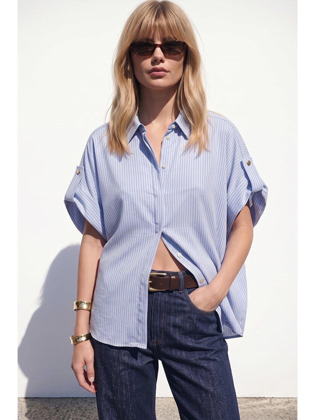 Çizgi Desenli Salaş Kısa Kollu Gömlek - Bebe Mavi
