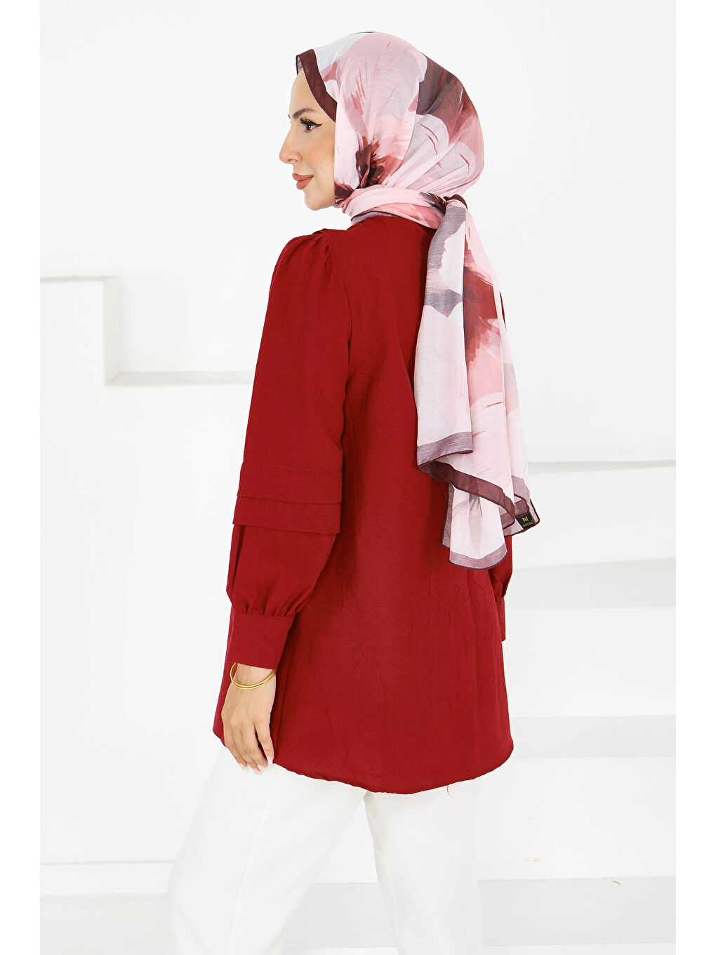 Kare Yaka Detaylı Dokuma Tunik Bordo - 27607-4