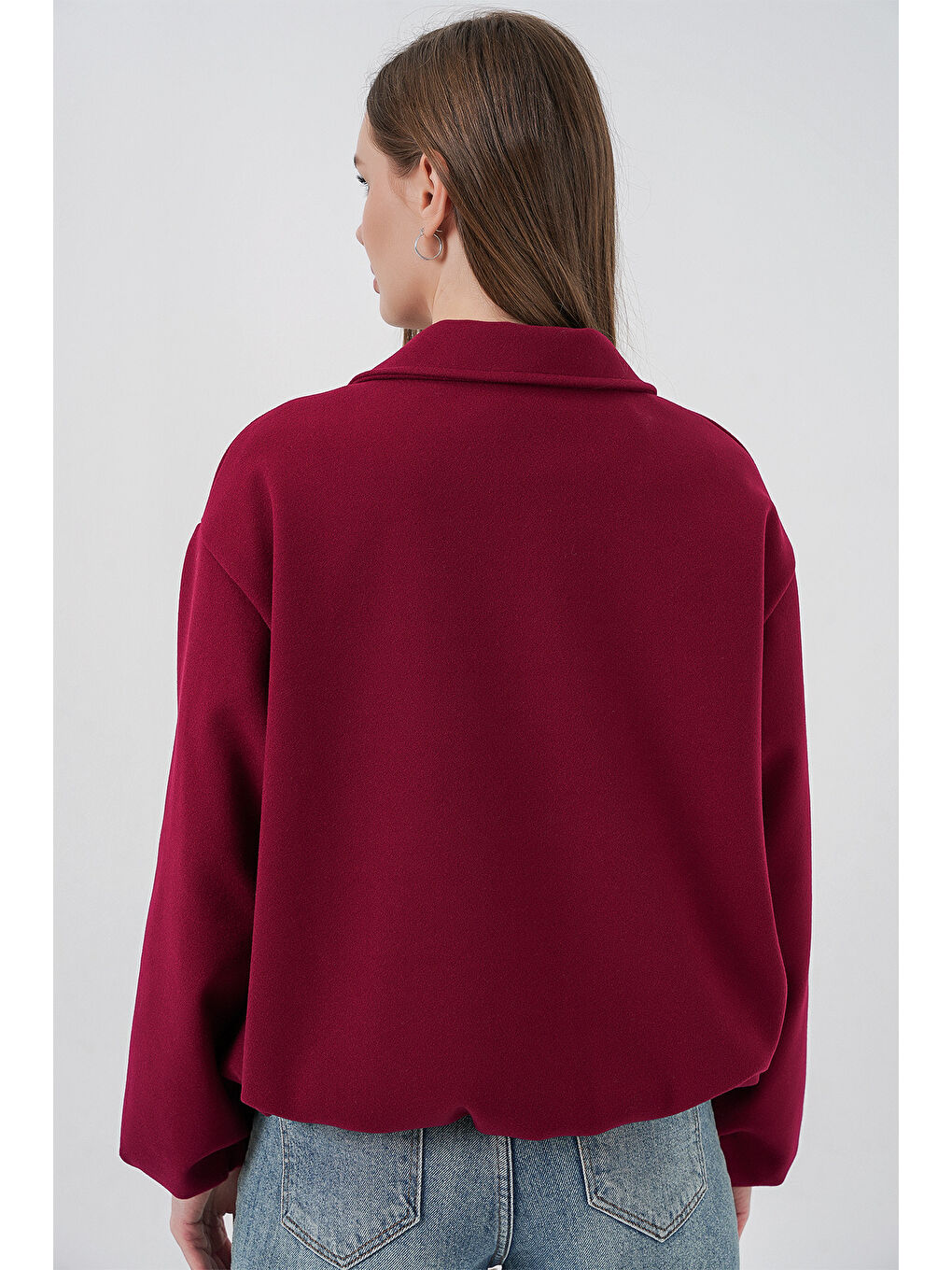 Kadın Büzgülü Oversize Kaşe Ceket 0728 - Bordo-5