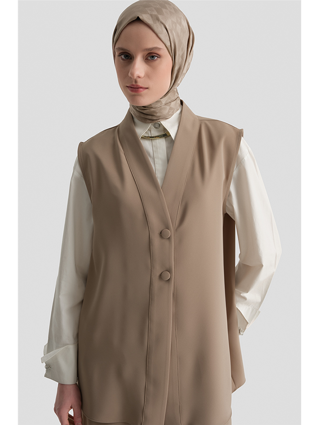 Bej Düğmeli Oversize Yelek Vizon-3