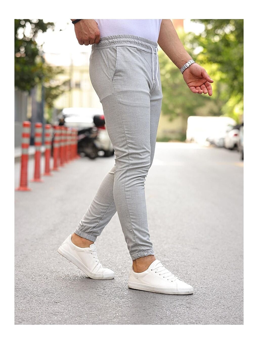 Beyaz Erkek Dar Kalıp Lastikli Paça Jogger Pantolon