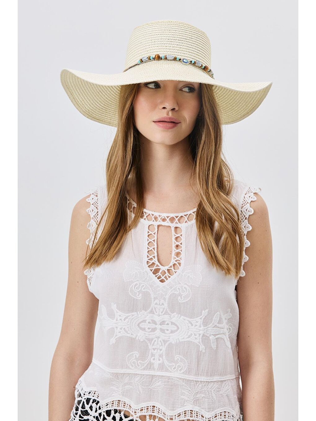 Ekru Geniş Kenar Hasır Plaj Şapkası Y25730-13 Krem