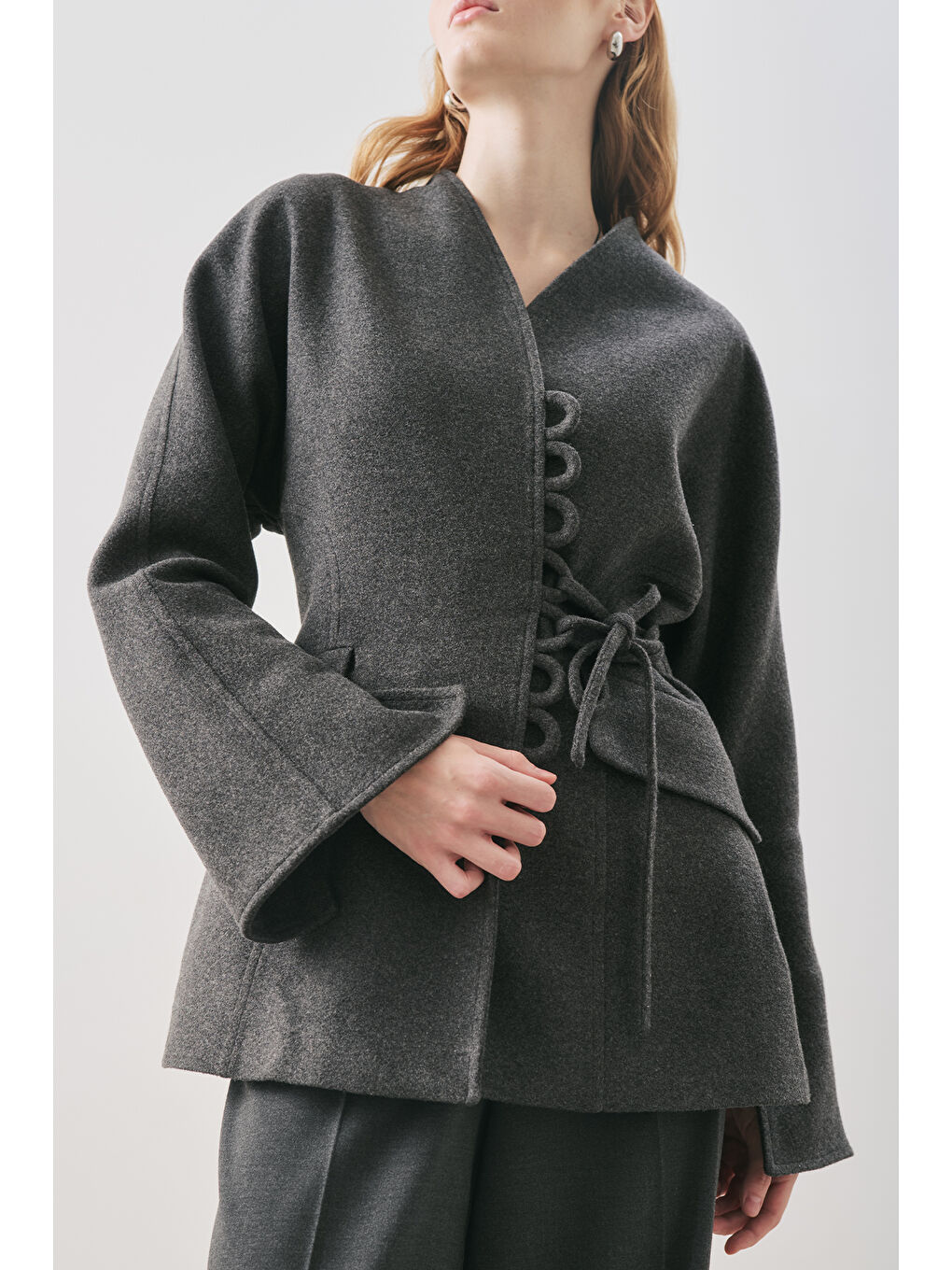 Aroa Bağlamalı Kaşe Ceket Antrasit-5