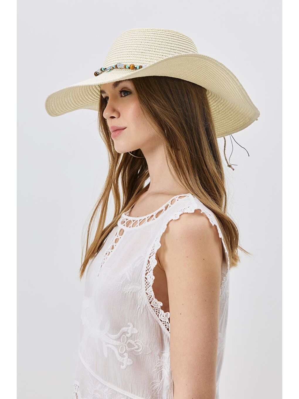Ekru Geniş Kenar Hasır Plaj Şapkası Y25730-13 Krem-1