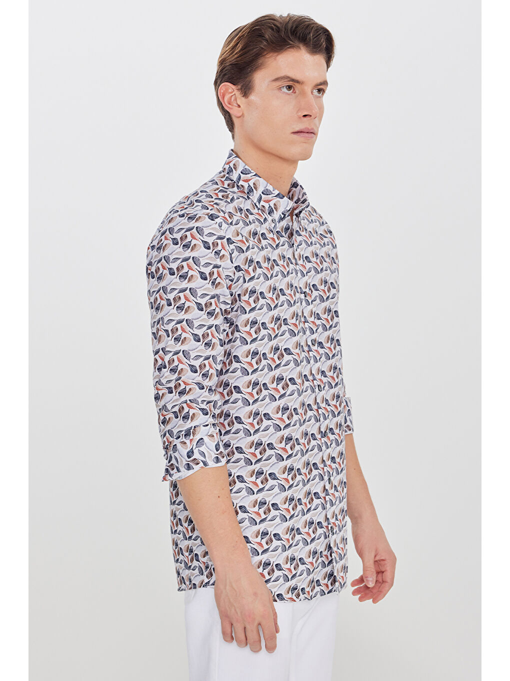 Erkek Bej-Lacivert %100 Pamuk Slim Fit Dar Kesim Düğmeli Yaka Baskılı Gömlek-2