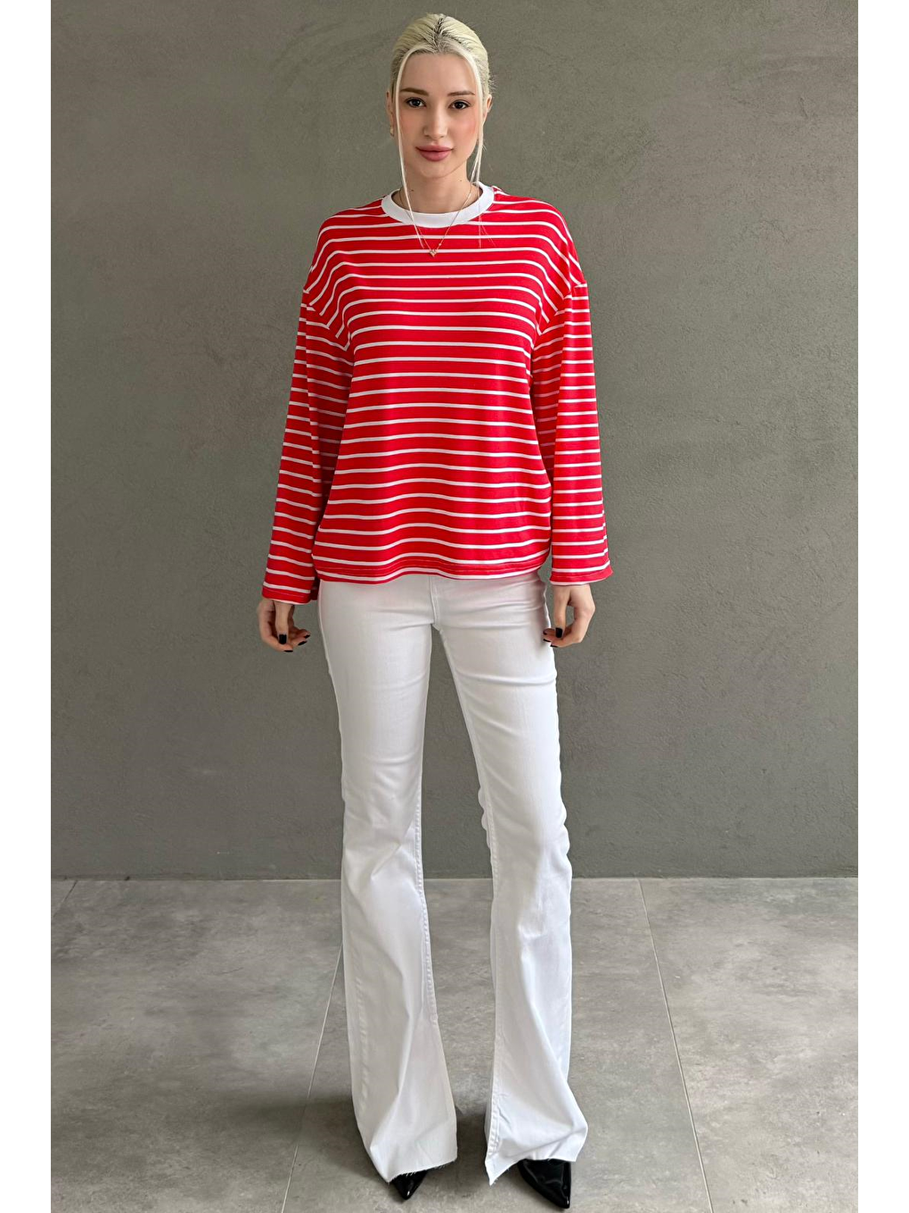 Kırmızı Bisiklet Yaka Çizgili Uzun Kollu Tişört Mg2362-7